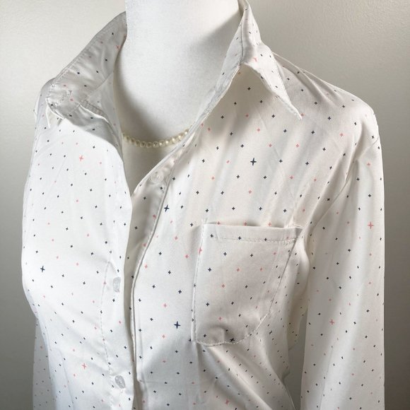 Star or cross print button-down shirt ~ Celestrial white pink blue MEDIUM blouse - Picture 4 of 15